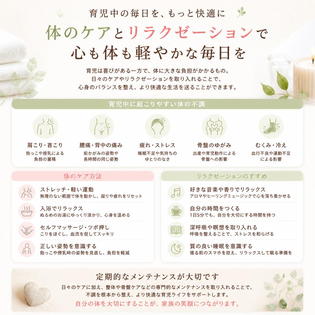 体のケアで育児を楽にする