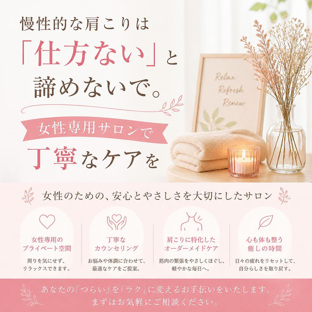 慢性的な肩こりは「仕方ない」と諦めないで。女性専用サロンで丁寧なケアを