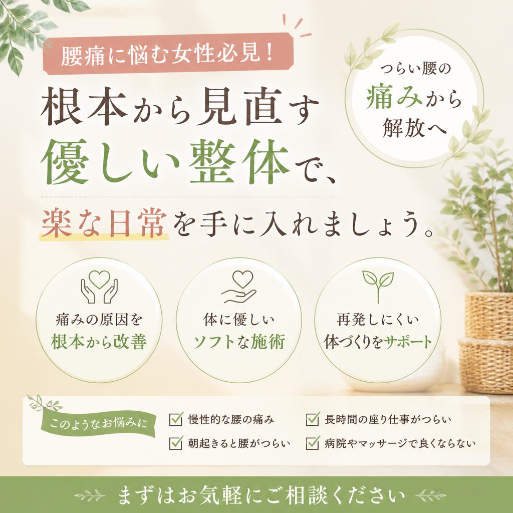 腰痛に悩む女性必見！根本から見直す優しい整体で、楽な日常を手に入れましょう。