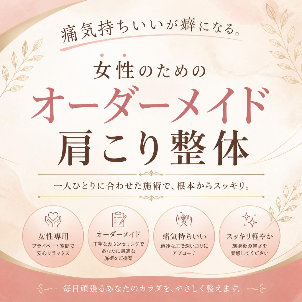 痛気持ちいいが癖になる。女性のためのオーダーメイド肩こり整体