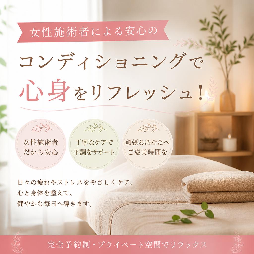 女性施術者による安心のコンディショニングで心身をリフレッシュ！