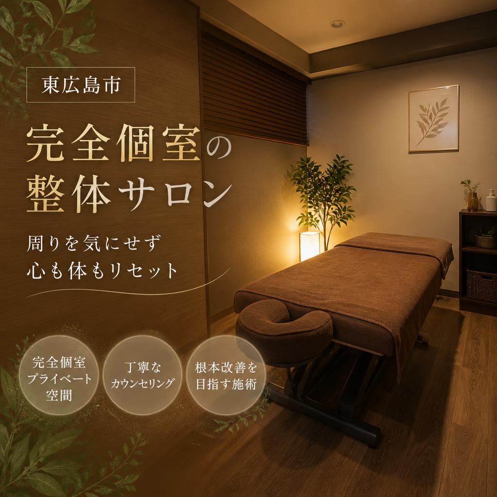 【東広島市】完全個室の整体サロン。周りを気にせず心も体もリセット